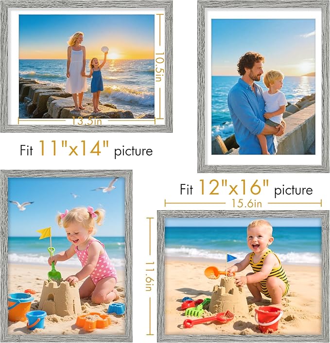 Vittanly 12x16 Picture Frame, Made of Solid Wood and Shatterproof Plexiglass, Display Pictures 11x14 with Mat or 12x16 without Mat, Wooden Photo Frame for Wall Mounting, Grey, 1 Pack