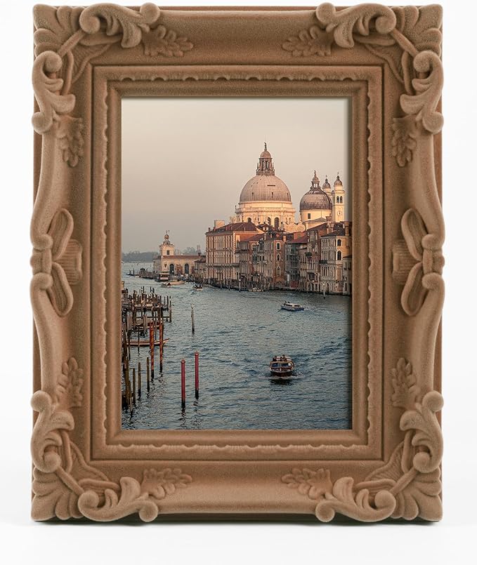5x7 Picture Frame for Art Prints Posters, Small Decorative Frame with Real Glass/Stand, Ornate Memorial Frame Gift for Wedding Baby Shower Retirement (Brown)