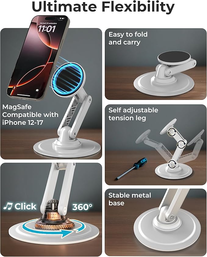 COOPER Mag360, Desktop MagSafe Stand for iPhone 17 Pro Max (16/15/14/13/12), Magnetic Phone Holder for Desk, 360° Rotating, Height Adjustable, Magnetic Phone Stand for Desk, with Metal Ring (White)
