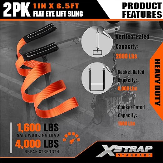 XSTRAP STANDARD 2PCS 1" x6.5ft Lifting Sling 1-Ply Red Web Strap, 2000 LBS Vertical (907 KG), 1600 LBS Choker (725 KG), 5:1 Safety Factor, Twist Eye Polyester Slings for Rigging Hoist Recovery Tree