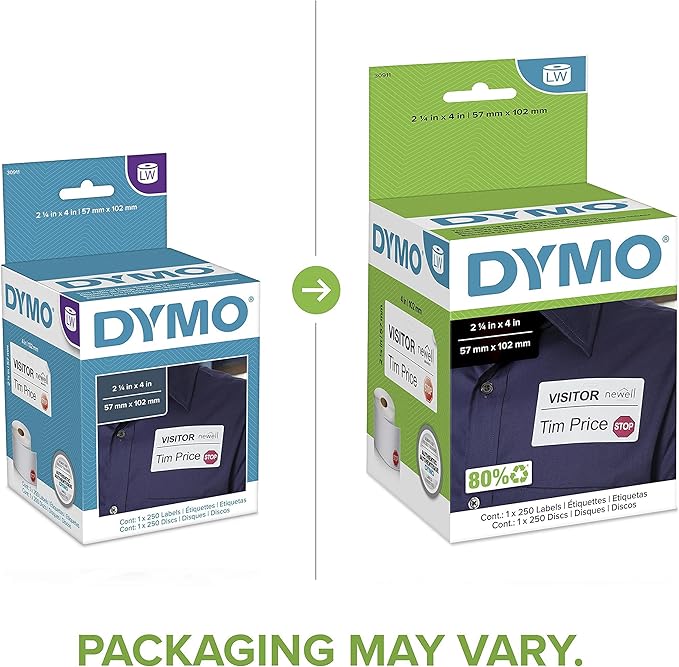 DYMO Authentic LW Name Badge Labels, 12-Hour Expiration Notification Disks, White, 2-1/4" x 4", 1 Roll of 250 - for LabelWriter Label Printers