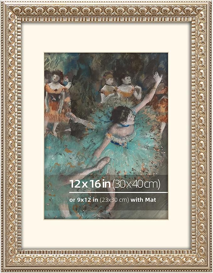 12x16 Antique Silver Wood Ornate Vintage Classic Picture Frame, With Mat 9x12 inches, Plexi Glass Cover, Horiztonal or Vertical Wall Mount Display, 2 Pack