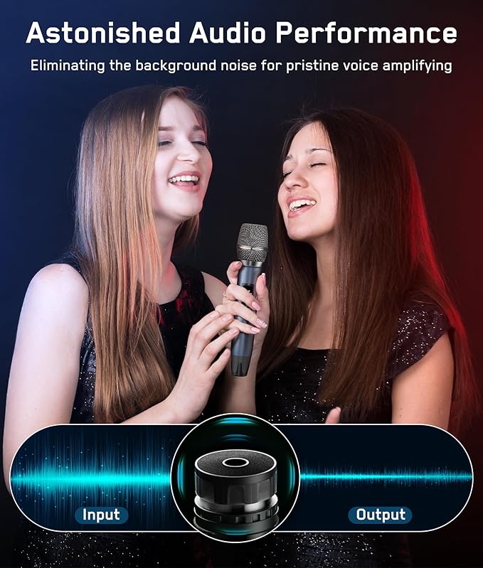 Rechargeable Wireless Microphone, Two Metal UHF Microphones with 1/4" Receiver, Plug-and-Play for Karaoke Singsing, Lecture, Stage Performance, PA System (Blue - One Mic)