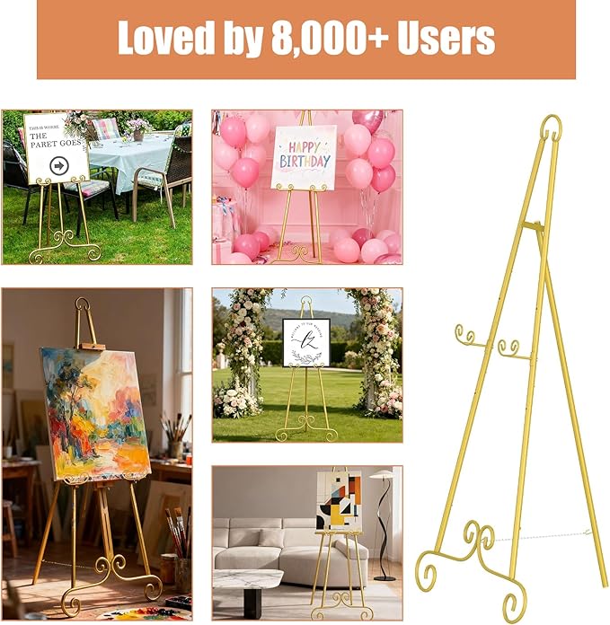 46" H Adjustable Metal Display Easel - Vintage Gold Scroll Design, Rust-Proof Metal Stand for Showcasing Pictures, Artlork, Picture Frame and Wedding Signs