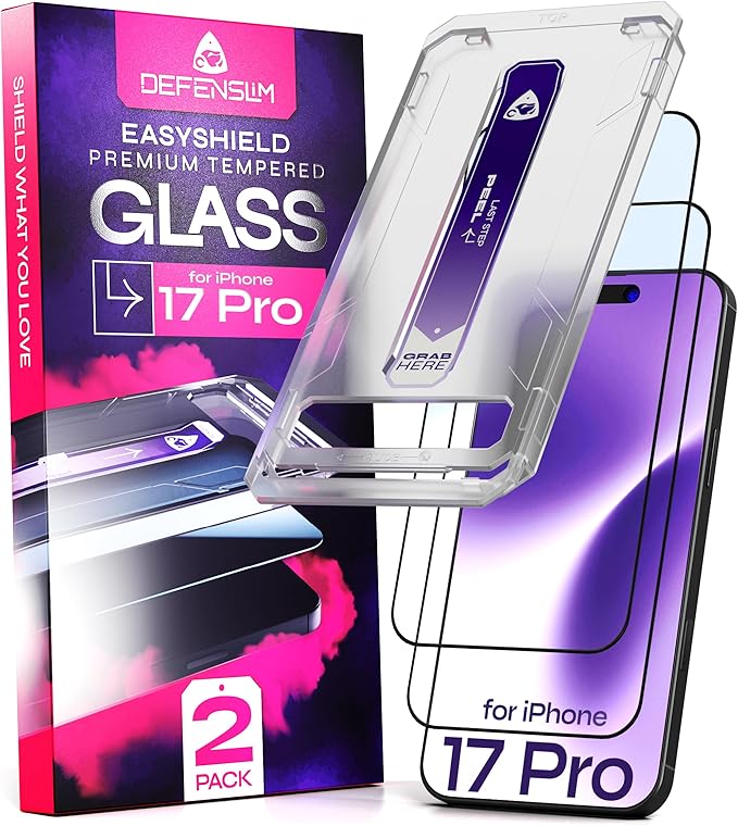 Defenslim for iPhone 17 Pro Screen Protector (2Pack), Easy Auto-Align Install Kit, 6.3" Tempered Glass, 9H Hardness, Ultra HD Clear, Case Friendly, EasyShield