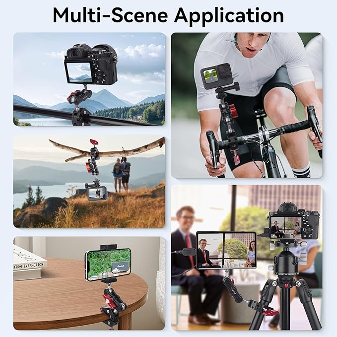 Camera Clamp Mount & 360°Ball Head Magic Arm with Adapter for Go pro, Aluminum Double Ball Head Adapters, Heavy Duty Super Clamp with 1/4"-20 & 3/8"-16 Thread -SJ008