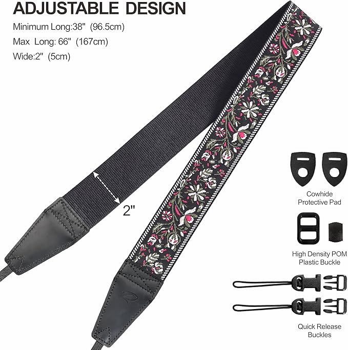Padwa Lifestyle Camera Strap - 2" Full Grain Leather Ends Camera Straps for Photographers, Vintage Embroidered Cotton Weave Soft Strap Quick Release fits All Cameras