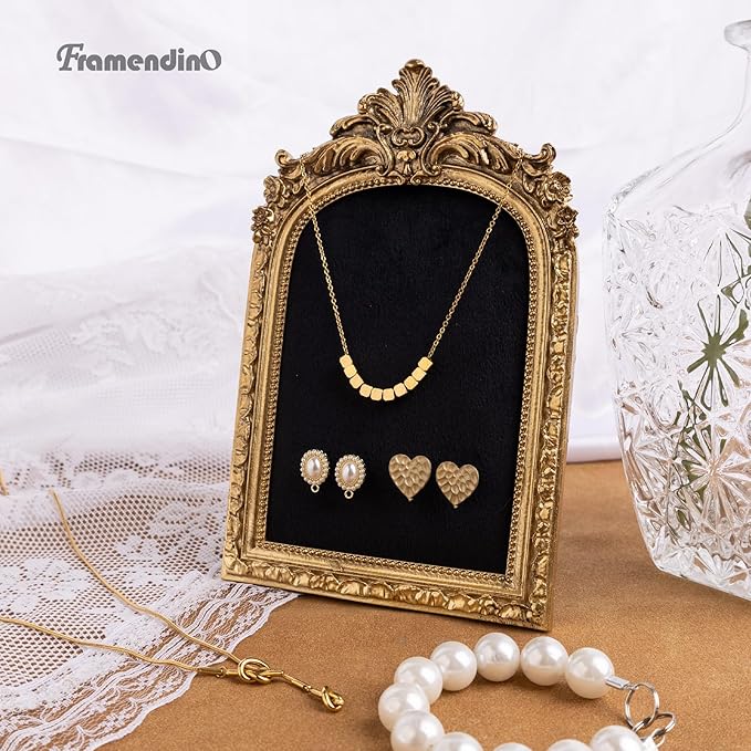 Framendino, Gold Resin Jewelry Display Stand Frame Organizer Vintage Velvet Storage Box for Necklace Earring Photography Props Women Gifts