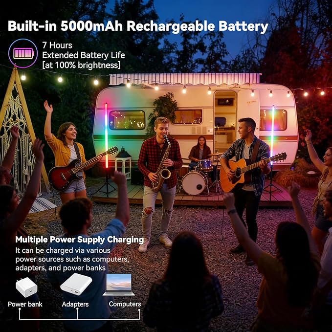 2 Pack 4ft RGB Tube Light with Stand, 5000mAh Battery Light Tube, 500 Lighting Modes, 2.4G Remote, Dimmable Neon LED Video Light Bar for Photography Studio DJ Party Wedding Stage Lighting
