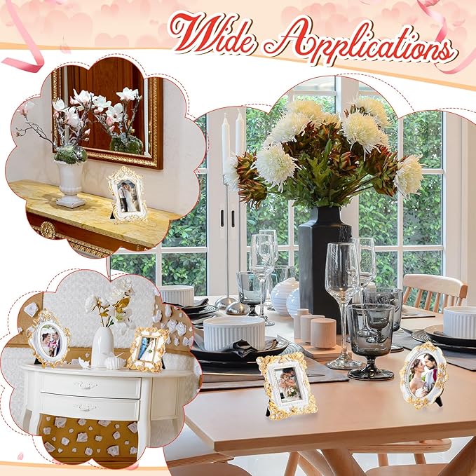 Maitys 5 Pcs Mini Picture Vintage Frames with Stands Tiny Antique Photo Baroque Ornate Resin Oval Frame Table Top Display Home Wedding Decor (White Gold)