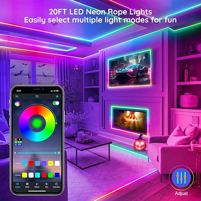20Ft Led Rope Lights, Flexible Neon Lights Control with App/Remote, Multiple Modes, IP65 Outdoor RGB Waterproof, Music Sync Gaming Light Strip for Bedroom Decor