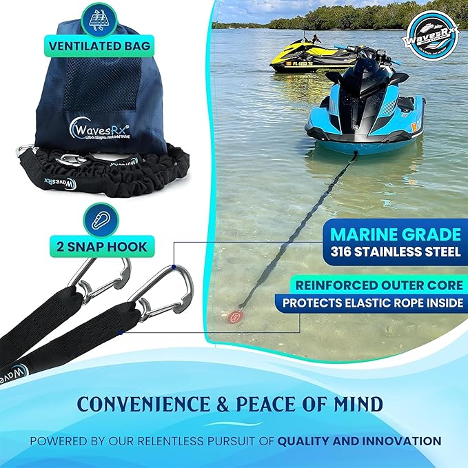 WAVESRX AnchorMate Bungee Line | Boat Bungee Dock Lines for Boats, PWCs & Kayaks | Absorbs Shock from Swells & Wind, Prevents Anchor Dislodging | Perfect for Anchoring, Mooring & Tethering