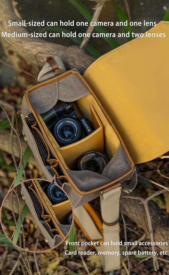 VueFoto Camera Messenger Bag,Vintage Leather Flip-top Waterproof Camera Bag,Compatible with Canon,Nikon,Sony SLR/DSLR Mirrorless Cameras For Women and Men (Khaki, Small)