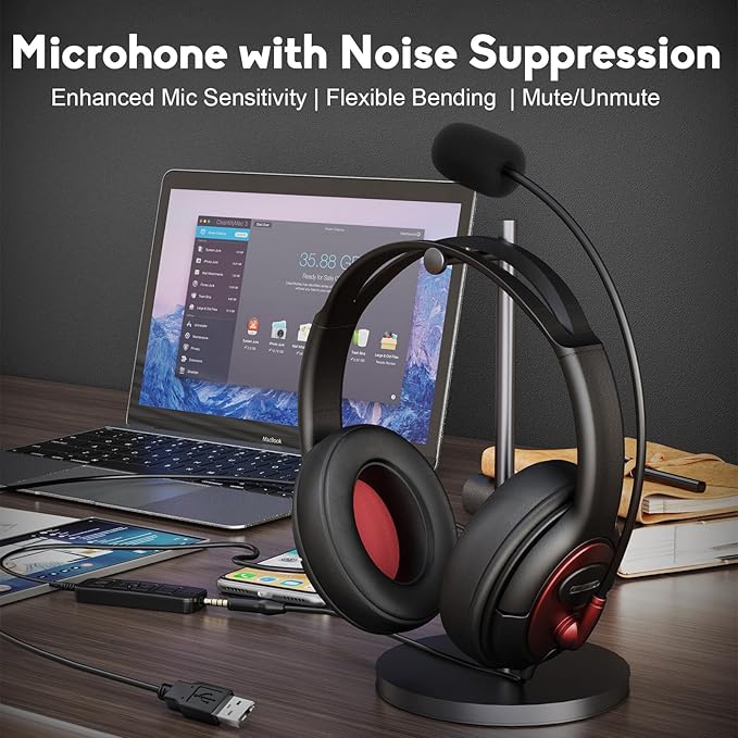 MAIRDI USB Headset with Microphone, Type-C/USB/3.5mm Jack 3-in-1 PC Headset, Computer Headset with Mic Noise Canceling for Teams Call Centers Skype Zoom Home Office Dragon Nuance Dictation