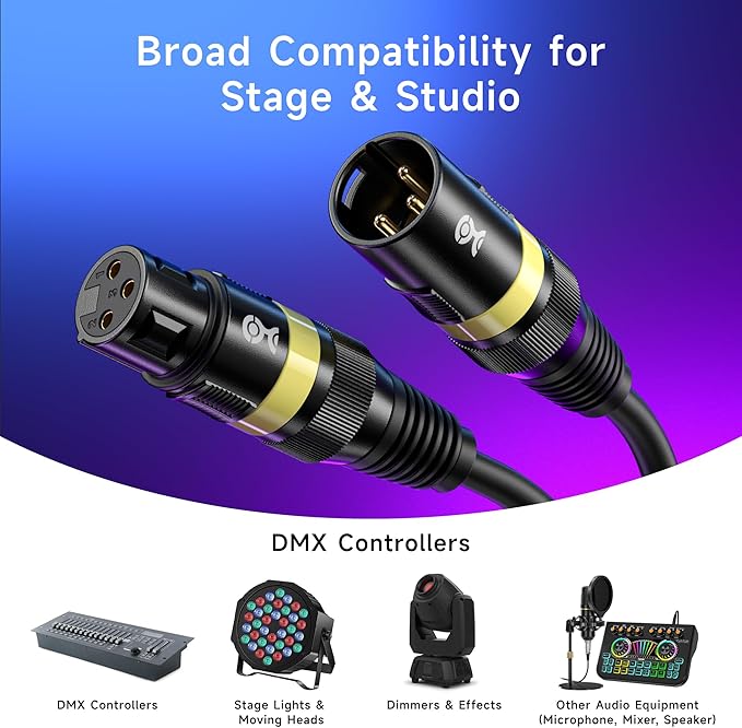 Cable Matters 2-Pack 22AWG Stage Light DMX Cable 10ft / 3m with 3-Pin XLR Connector, 3 Pin XLR Male to Female DMX Lighting Cable