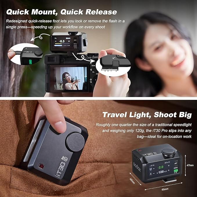 GODOX IT30Pro F GN15 IT30 Pro F IT30ProF IT30Pro-F TTL Mini Flash Kit for Fuji with White Diffuser HSS 1/8000s 2.8" Full-Color Touchscreen(Black)——Godox Authorized Distributor