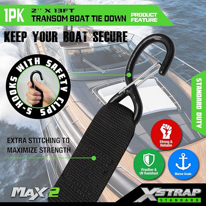 XSTRAP STANDARD 1PK 2''x 13' Adjustable Tie-Down Wide Webbing Rated Capacity: 1200 lb Moving Straps Tie Downs Marine Boat Strap Trailer with Hooks Prevent Corrosion Yet Easy