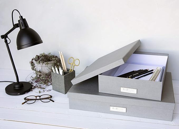 Bigso Sverker Fiberboard Legal and Art Storage Box | Scrapbook Storage Box for Loose Papers and More | Durable Document Boxes with Lid and Metal Label Holder | 17.1’’ x 12.2’’ x 3.3’’ | Grey