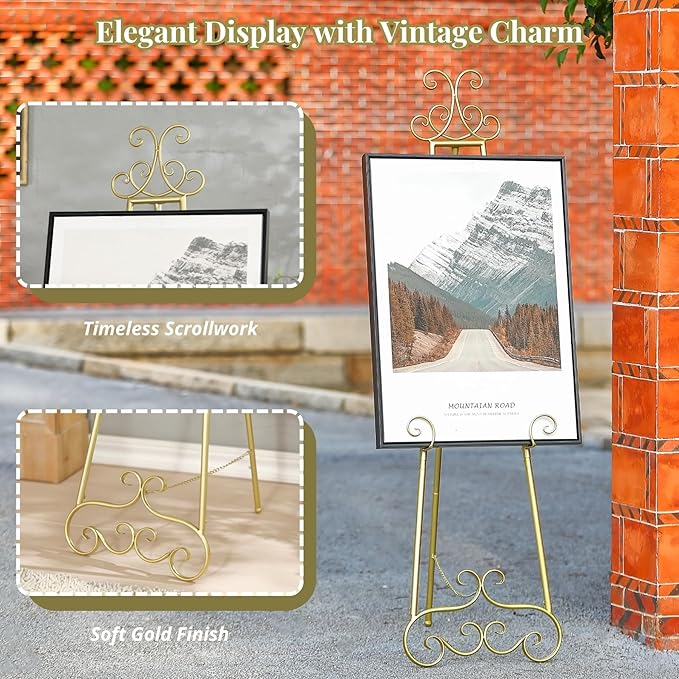 57”H Metal Easel Stand for Sign Gold, Upgrade Large Free Standing Adjustable Display Scroll Easel Stand, Heavy Duty for Mirror Pictures Wedding Holder Showcasing with Chain Support