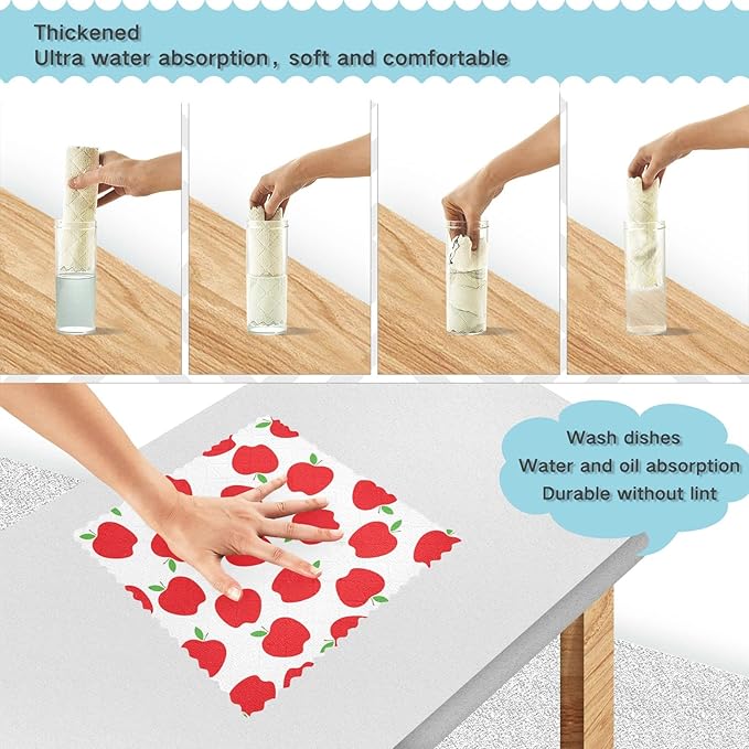 CaTaKu Red Apples Kitchen Dish Cloths for Washing Dishes Reusable Cleaning Cloth Dish Towels Microfiber Washcloths Dish Rags for Kitchen,6 Pack