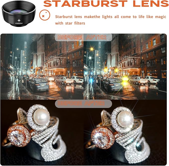 5-in-1 Smartphone Lens Kit-120° Wide-Angle,210° Fisheye,25X Macro,Starburst Filter,Hexagonal Kaleidoscope-Compatible with iPhone/Android/Cellphone and Tablet