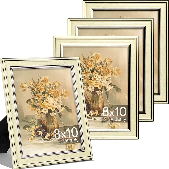 Vittanly 8x10 Picture Frame Set of 4, Vintage Photo Frame for Wall or Tabletop, Display 5x7 Pictures with Mat or 8x10 without Mat, Rustic Farmhouse Home Decor, Beige