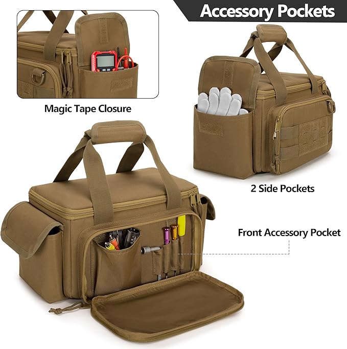 Small Tool Bag with Anti-friction and Thick Padded Bottom, Tool Storage Organizer for Men, Tactical Bag, Range Bag, Multi-functional Work Tote for Repairman, Electrician, Carpenters (Khaki)