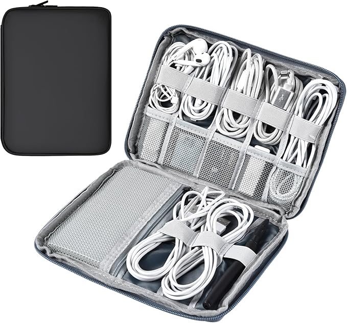 Leather Cord Organizer Bag - Portable Tech Organizer Travel Case for Charger & Electronic Accessories (Black, Single Layer-Large)