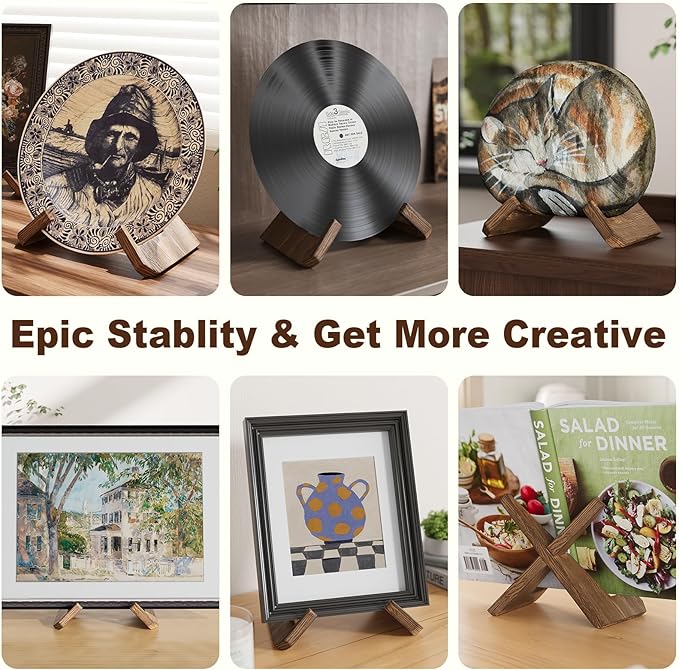 Wooden Plate Stands for Display, Wood Plate Holders for Displaying, Decorative Picture Frame Stand, Easel for Sign, Cookbook, Now Playing Vinyl Record, Recipe Book Holder for Photo, Plaque, Platter