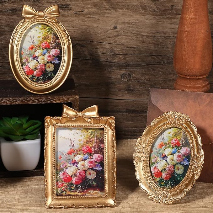 3Pcs Small Vintage Picture Frames, 2.5 x 3.5 Inch Gold Vintage Baroque Mini Gold Frames, Oval Rectangle Ornate Table Top Display Frame for DIY Jewelry Display Photography Mobile Photo Wedding Decor