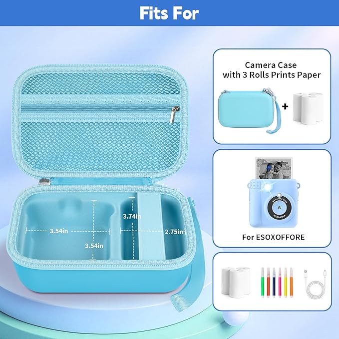 Kids Instant Print Camera Case for ESOXOFFORE Digital Video Cameras with 3 Rolls Paper Refill, Toddler Film Camera Storage Holder Bag with Mesh Pocket for Thermal Paper Accessories (Box Only)- Blue