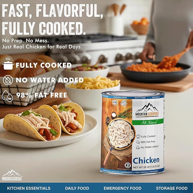 MOUNTAIN ESSENTIALS Fully Cooked Canned Chicken 28 Oz – White Meat for Daily Meals, Camping & Emergency Food – Great for Snack, Lunch, Dinner Recipes – 5-Year Shelf Life – Made in USA – Pack of 6
