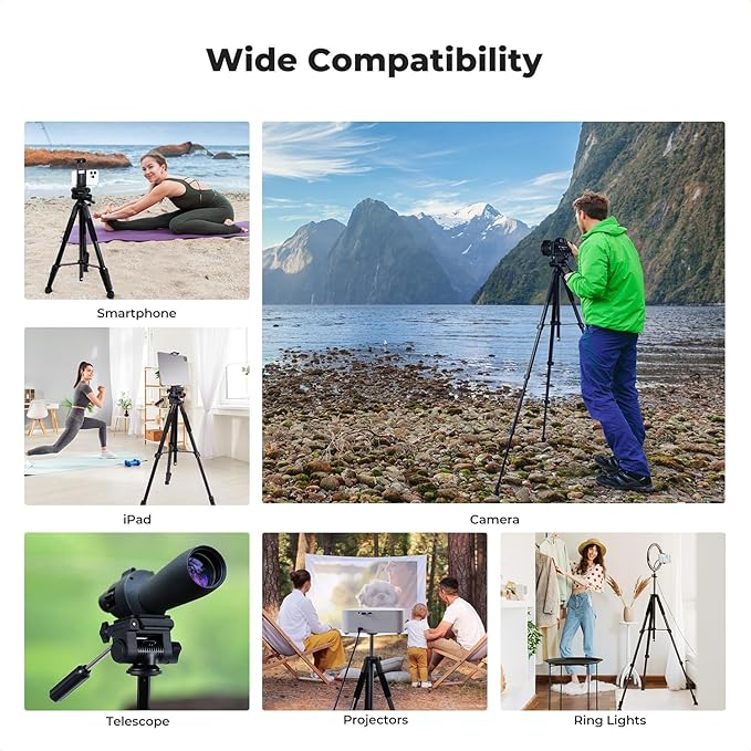 K&F CONCEPT Camera Tripod, 75" Lightweight Portable Travel Outdoor DSLR Tripods for Camera Phone Video Recording Tripod Stand, Cellphone Clip for Smartphone Live Streaming Vlog, Black