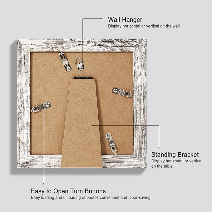 6x6 Picture Frame Set of 4, Made of Glass and Distressed White Wooden Frame - Display Picture 4x4 with Mat or 6 x 6 Without Mat, 6x6 Photo for Wall or Tabletop
