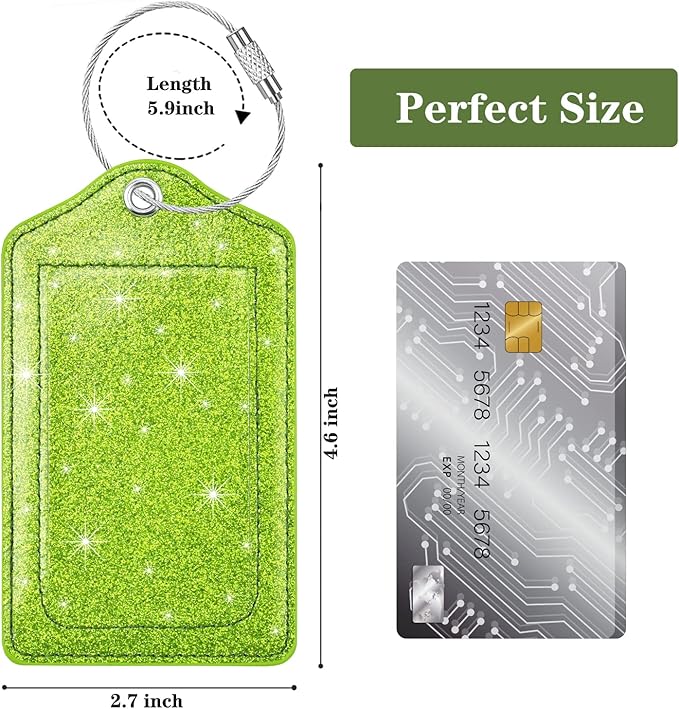 (Set of 2) Luggage Tag Leather Privacy Cover ID Label Address Card with Stainless Steel Loop, Travel Bag Tags Suitcase Labels, Glitter Chartreuse
