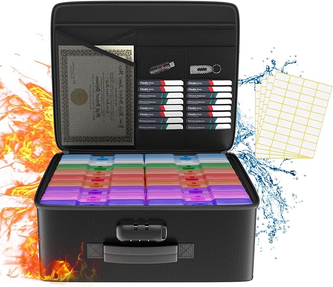 Tamfile Fireproof Photo Storage Box with 18 Inner 4" x 6" Multicolor Photo Case, Plastic Photo Organiser with Lock for Pictures, Cards, Crafts, Stamps and Office Supplies with 4 Sheet Label Stickers