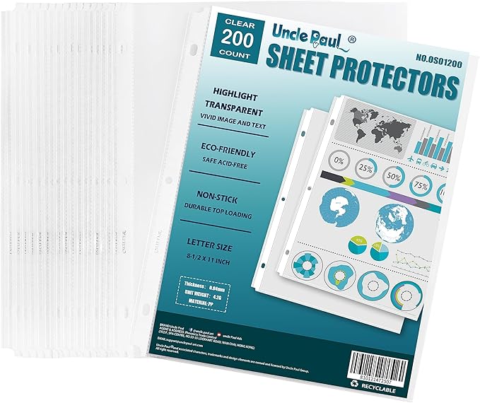 Sheet Protectors - 200 Sheets 4 mils Strong Extra Heavyweight Clear Top Load 8.5 x 11 Inch Highlight Transparent Acid-Free for 3 Ring Binder OS01200