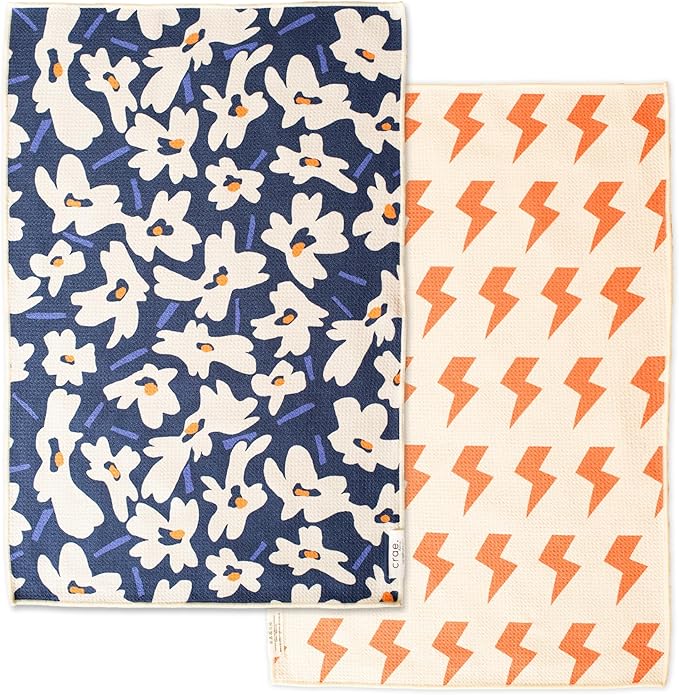 Reversible Microfiber Towel - Ultra Absorbent, Quick-Drying Hand Towels - Modern Design, Scratch-Free, Lint-Free for Kitchen, Bathroom, Car Cleaning - 19x29 Inches, Set of 1 (Aqua Daisy- Blue/Orange)