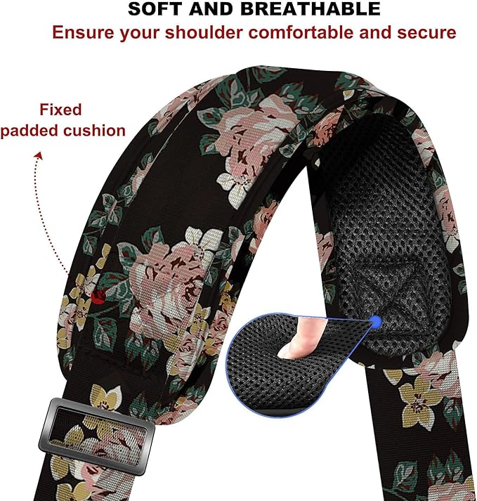 ZINZ 75" Shoulder Strap with Fixed Pad and Dual Balanced Buckles，Black Flowers