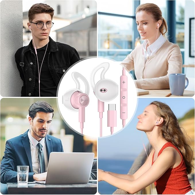 USB C Headphones for iPhone 17 Air 16 Pro Max 15, Type C Earphones with Microphone Magnet HiFi Stereo Wired Earbuds for Samsung Galaxy S26 S25 Ultra S24+ 23 A17 S21 S20 FE Flip 7 6 5/Pixel 10, Pink