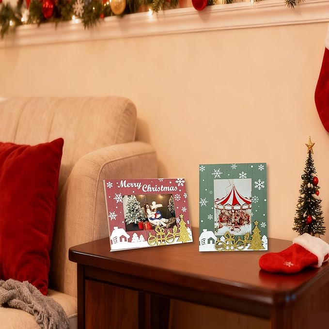 kennethan Christmas Red&Green Frame 4x6 Picture Frame with Gold Christmas Tree Decoration 2 Pack Wooden Frame with Glass can Display 4x6 Picture on the Table