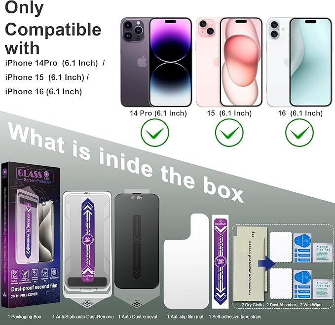 SHANG PIN JIA 2 Pack Matte Privacy Screen Protector for iPhone 16/15/14 Pro 6.1-Inch Auto Dust Removal, No Bubbles, Anti-Spy Tempered Glass Film, Easy Installation