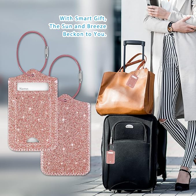 ACdream Luggage Tags 2 Pack, Leather Suitcase Tags Identifiers, Cute Cruise ID Labels with Privacy Cover fits on Backpack, Travel Bag, for Women, Men, Adults, Kids, Glitter Rose
