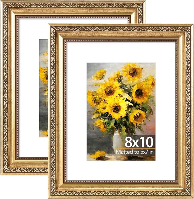 8x10 Vintage Picture Frame with 5x7 Mat Set of 2, Elegant Retro 8 by 10 Photo Frame with Shatter-Resistant Plexiglass for Wall or Tabletop Display, Gallery Decor & Gift, Gold, 2 Pack