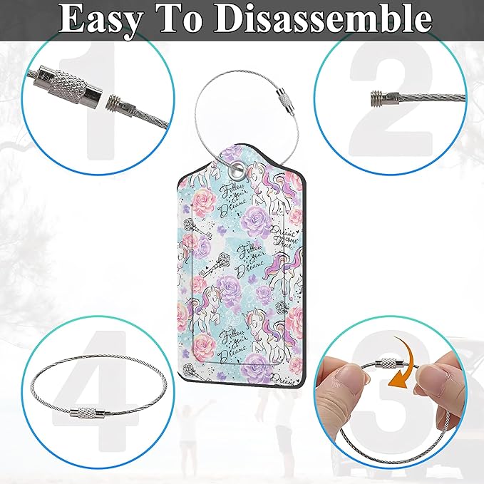 Art Watercolor Unicorns 2 Pack PU Leather Luggage Tags with Stainless Steel Loop, Funny Travel Labels with Privacy Cover ID Label for Quick Spotting