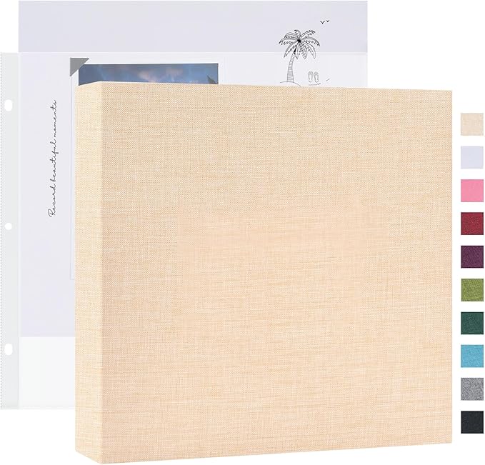 Mublalbum 8x8 Inch Small 3 Ring DIY Scrapbook Photo Album with 20 Plastic Sleeves 40 Pages Linen Cover Folder Binder for Baby Travel Wedding Anniversary and DIY Projects (Beige)
