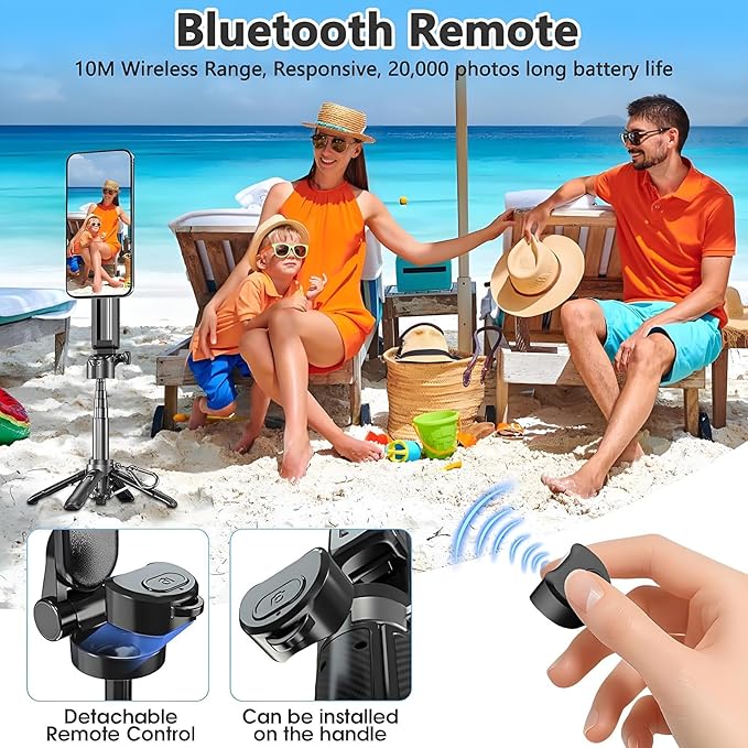 4-in-1 Multifunctional 360° Rotation Magnetic Selfie Stick with Detachable Wireless Remote for iPhone & Android, Portable Extendable Phone Tripod Stand for Travel Vlog Live Streaming