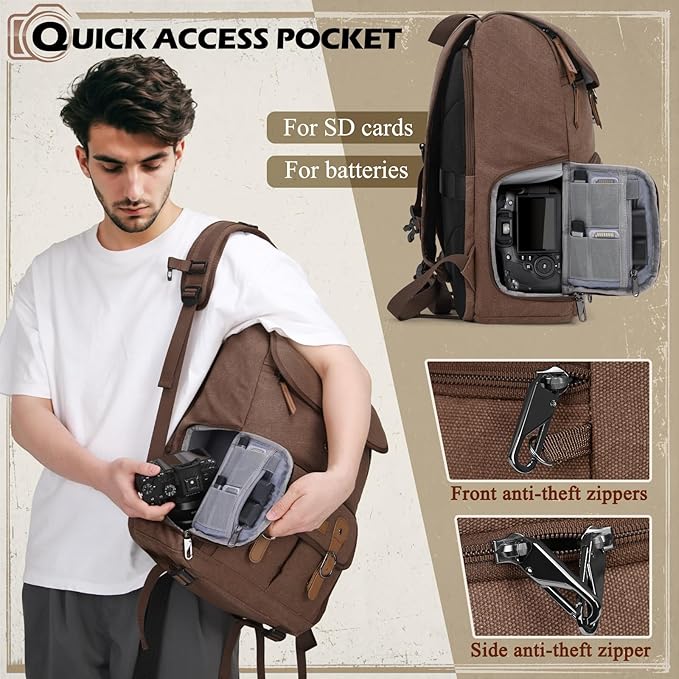 RAINSMORE Camera Bag Backpack for DSLR/SLR Mirrorless 15.6 Inch Laptop Camera Back Pack for Photographers Anti-Theft Photography Bags Case with Tripod Holder & Rain Cover, Coffee
