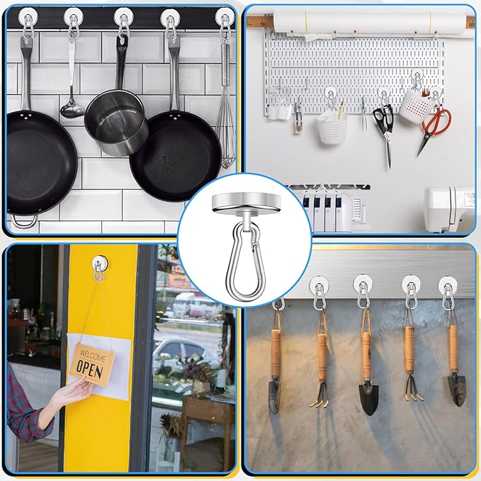 VSKIZ Magnetic Hooks Heavy Duty 150Lbs, 4 Pack Super Strong Magnetic Hooks with Swivel Carabiner for Cruise, Black Neodymium Magnet Hooks Magnetic Wall Hanger for Hanging, Toolbox, Grill, Cabins