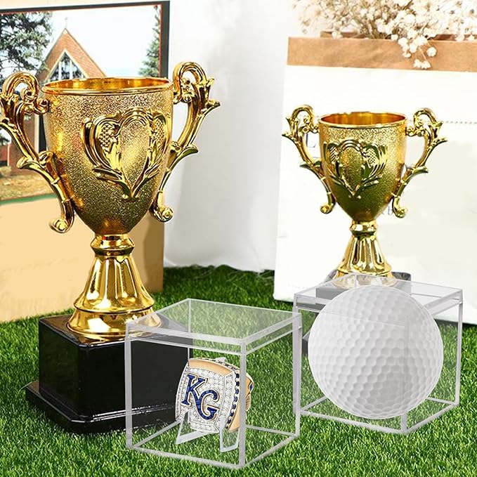 2 Pack Championship Ring Display Case Clear Acrylic Ring Case Display Box for Sports Baseball Softball Football Basketball Single Ring Coin Holder Stand, 2.16 Inch